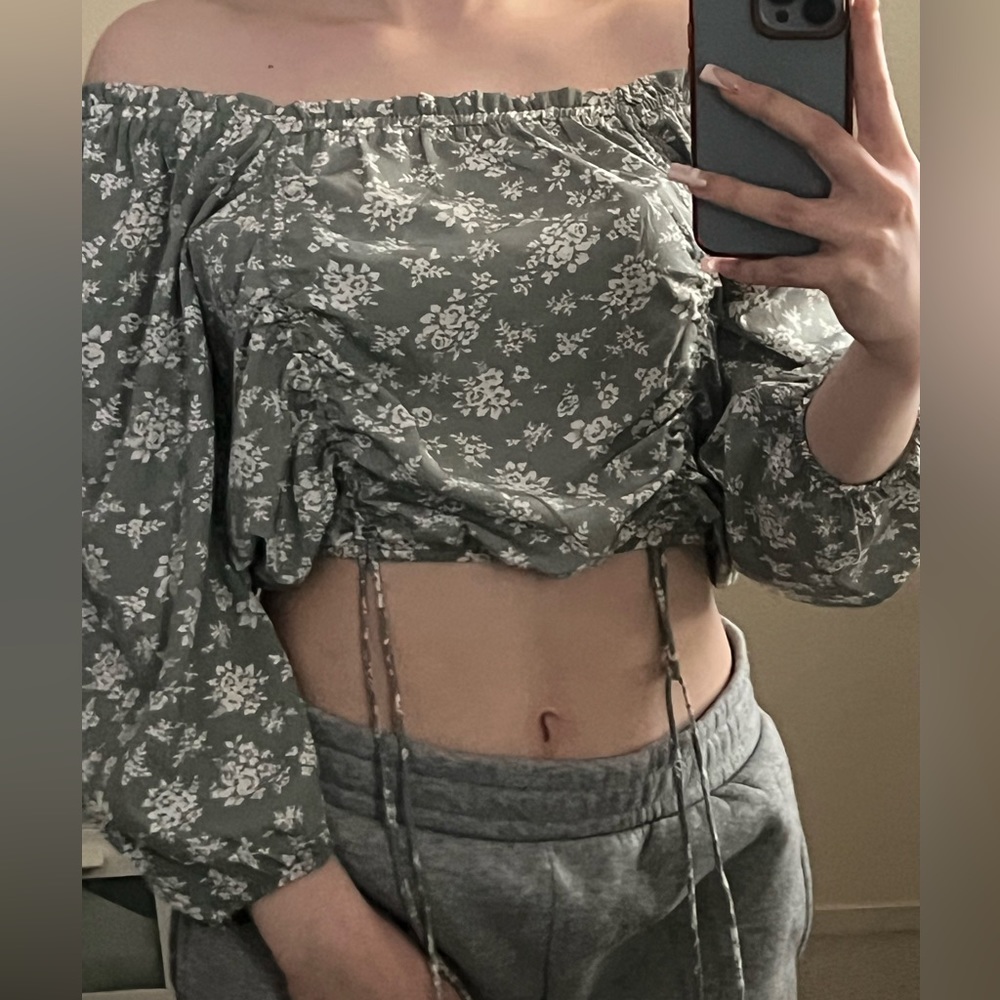 Sage green off shoulder floral top